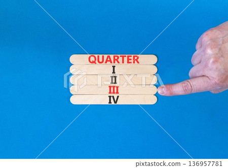 3rd third quarter 3 symbol. Concept word Quarter 3 on beautiful wooden sticks. Beautiful blue background. Businessman's hand. Business, happy 3rd third quarter 3 Q3 concept. Copy space. 3rd third quarter 3 symbol. Concept word Quarter 3 on beautiful wooden sticks. Beautiful blue background. Businessman's hand. Business, happy 3rd third quarter 3 Q3 concept. Copy space. 136957781