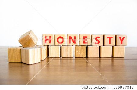 Honesty word symbol. Concept word Honesty on beautiful wooden blocks. Beautiful wooden table white background. Business honesty concept. Copy space. Honesty word symbol. Concept word Honesty on beautiful wooden blocks. Beautiful wooden table white background. Business honesty concept. Copy space. 136957813