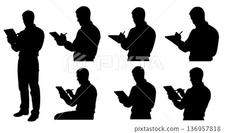 Black Solid Planner Tablet Stylus Silhouettes Set of Six on White Background Black Solid Planner Tablet Stylus Silhouettes Set of Six on White Background 136957818