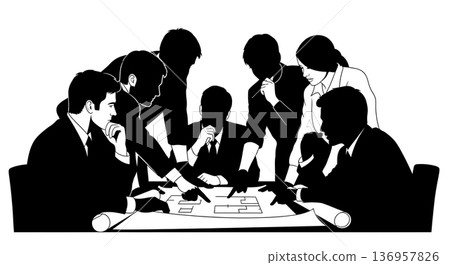 Black Solid Planner Supervising Site Silhouettes Set of Six on White Background 136957826