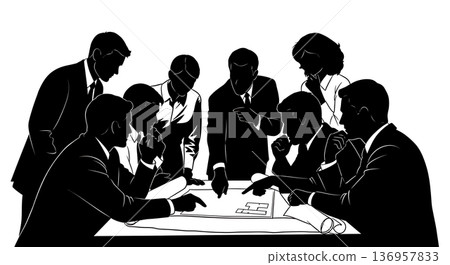 Black Solid Planner Table Discussion Silhouettes Set of Six on White Background 136957833