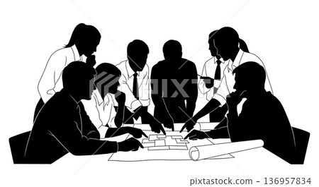 Black Solid Planner Table Discussion Silhouettes Set of Six on White Background 136957834