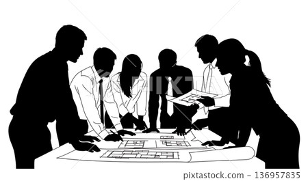 Black Solid Planner Table Discussion Silhouettes Set of Six on White Background 136957835