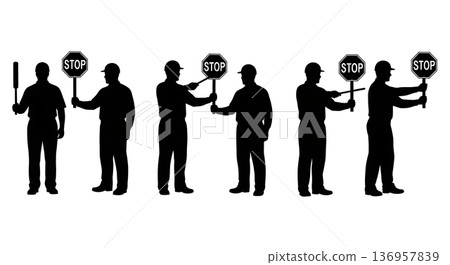 Black Solid Planner Stop Sign Silhouettes Set of Six on White Background Black Solid Planner Stop Sign Silhouettes Set of Six on White Background 136957839