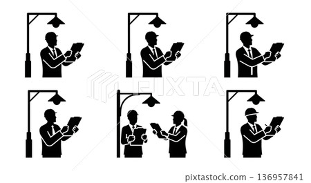 Black Solid Planner Street Light Check Silhouettes Set of Six on White Background 136957841