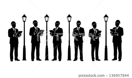 Black Solid Planner Street Light Check Silhouettes Set of Six on White Background 136957844