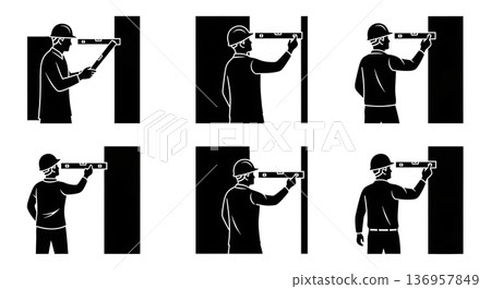 Black Solid Planner Spirit Level Check Silhouettes Set of Six on White Background 136957849
