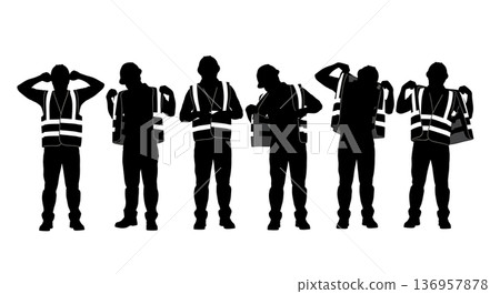 Black Solid Planner Safety Vest Silhouettes Set of Six on White Background Black Solid Planner Safety Vest Silhouettes Set of Six on White Background 136957878