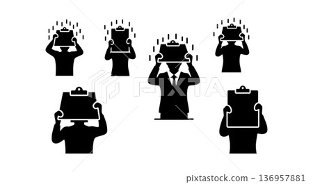 Black Solid Planner Shielding Head Silhouettes Set of Six on White Background 136957881