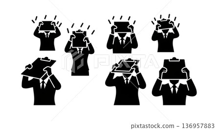 Black Solid Planner Shielding Head Silhouettes Set of Six on White Background Black Solid Planner Shielding Head Silhouettes Set of Six on White Background 136957883