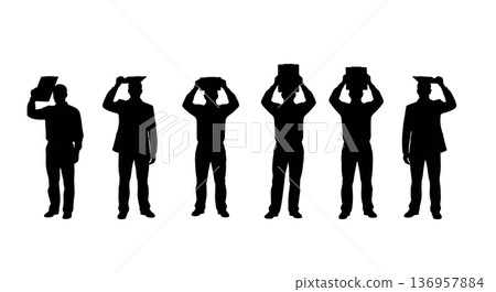Black Solid Planner Shielding Head Silhouettes Set of Six on White Background Black Solid Planner Shielding Head Silhouettes Set of Six on White Background 136957884