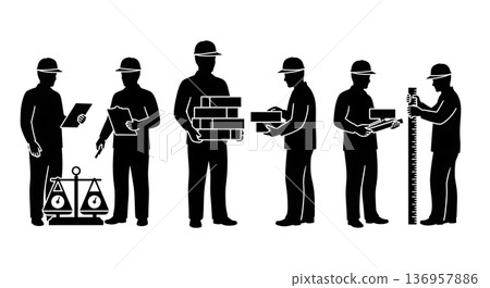 Black Solid Planner Reading Newspaper Silhouettes Set of Six on White Background 136957886