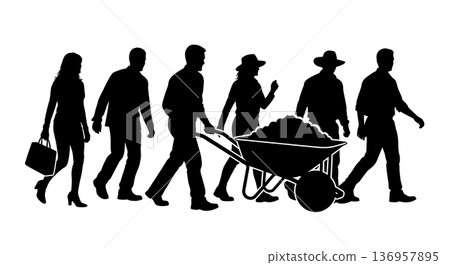 Black Solid Planner Pushing Wheelbarrow Silhouettes Set of Six on White Background 136957895