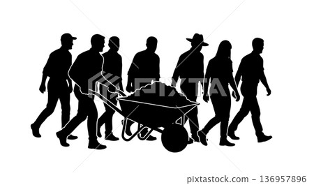 Black Solid Planner Pushing Wheelbarrow Silhouettes Set of Six on White Background Black Solid Planner Pushing Wheelbarrow Silhouettes Set of Six on White Background 136957896