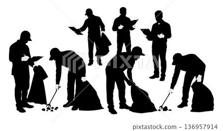 Black Solid Planner Picking Trash Silhouettes Set of Six on White Background Black Solid Planner Picking Trash Silhouettes Set of Six on White Background 136957914