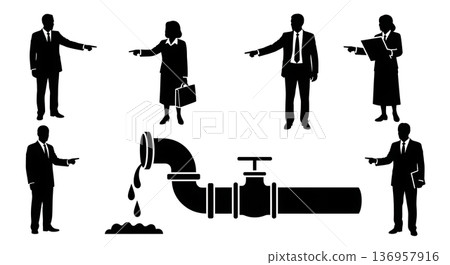 Black Solid Planner Pipe Leak Silhouettes Set of Six on White Background 136957916