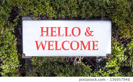 Hello and welcome symbol. Concept words Hello and welcome on beautiful big white sign plate. Beautiful green garden background. Business hello and welcome concept. Copy space. Hello and welcome symbol. Concept words Hello and welcome on beautiful big white sign plate. Beautiful green garden background. Business hello and welcome concept. Copy space. 136957948