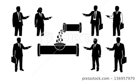 Black Solid Planner Pipe Leak Silhouettes Set of Six on White Background Black Solid Planner Pipe Leak Silhouettes Set of Six on White Background 136957970