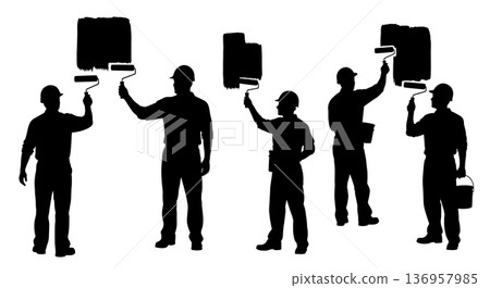 Black Solid Planner Paint Roller Silhouettes Set of Six on White Background Black Solid Planner Paint Roller Silhouettes Set of Six on White Background 136957985