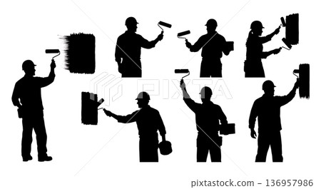Black Solid Planner Paint Roller Silhouettes Set of Six on White Background 136957986