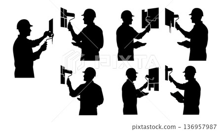 Black Solid Planner Paint Roller Silhouettes Set of Six on White Background Black Solid Planner Paint Roller Silhouettes Set of Six on White Background 136957987