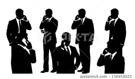 Black Solid Planner Mobile Phone Silhouettes Set of Six on White Background 136958023