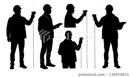 Black Solid Planner Laser Measure Silhouettes Set of Six on White Background 136958025