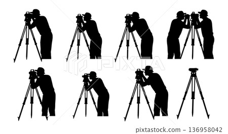 Black Solid Planner Land Surveying Silhouettes Set of Six on White Background 136958042