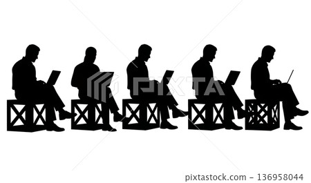 Black Solid Planner Laptop Crate Silhouettes Set of Six on White Background 136958044