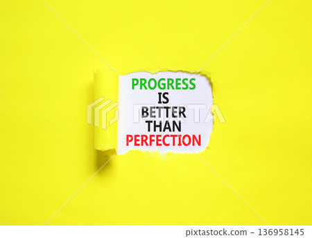 Progress or perfection words symbol. Concept words Progress is better than perfection on beautiful white paper. Beautiful yellow paper background. Business progress or perfection concept. Copy space. 136958145