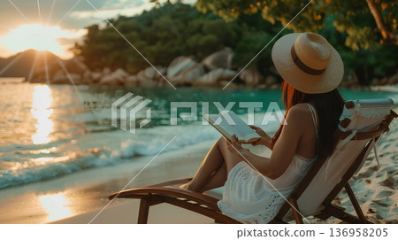 woman in a white dress and hat sitting on a beach chair, reading a book on a tropical island during the golden hour. the beautiful natural scenery includes turquoise water woman in a white dress and hat sitting on a beach chair, reading a book on a tropical island during the golden hour. the beautiful natural scenery includes turquoise water 136958205