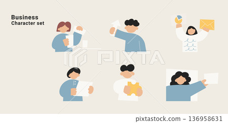 Business character set with people working on documents, laptop, email, charts and analysis. Flat design vector illustration collection for office and professional concepts minimalist. 136958631