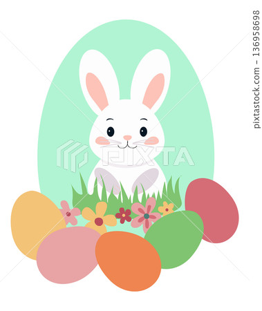 Cute Easter bunny sitting in the grass with colorful painted eggs. Vector illustration of white rabbit Cute Easter bunny sitting in the grass with colorful painted eggs. Vector illustration of white rabbit 136958698