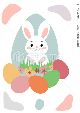 Cute Easter bunny sitting in the grass with colorful painted eggs. Vector illustration of white rabbit on blue Cute Easter bunny sitting in the grass with colorful painted eggs. Vector illustration of white rabbit on blue 136958701