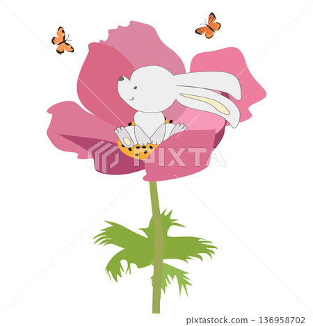 Cute white bunny sitting inside a big pink flower with butterflies. Whimsical vector illustration of a rabbit Cute white bunny sitting inside a big pink flower with butterflies. Whimsical vector illustration of a rabbit 136958702