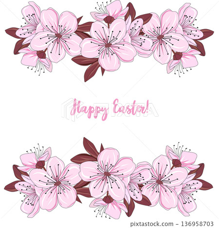 Elegant Easter greeting card with pink cherry blossoms frame and "Happy Easter" calligraphy. Vector illustration Elegant Easter greeting card with pink cherry blossoms frame and "Happy Easter" calligraphy. Vector illustration 136958703