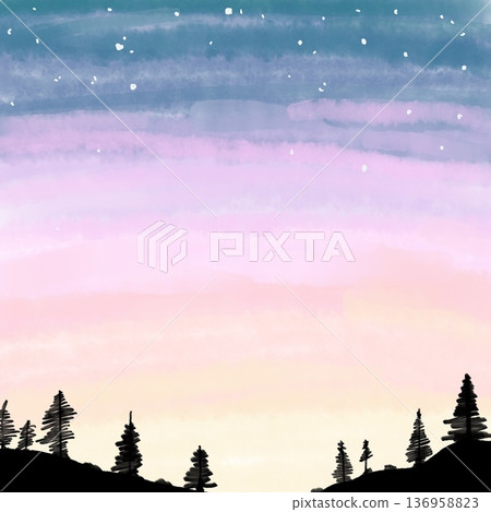 A landscape illustration of a starry night sky with silhouettes of trees and clouds at dawn A landscape illustration of a starry night sky with silhouettes of trees and clouds at dawn 136958823
