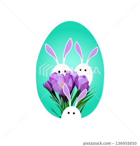 Easter illustration with three cute white bunnies peeking out from behind purple crocus flowers on turquoise background. Easter illustration with three cute white bunnies peeking out from behind purple crocus flowers on turquoise background. 136958850