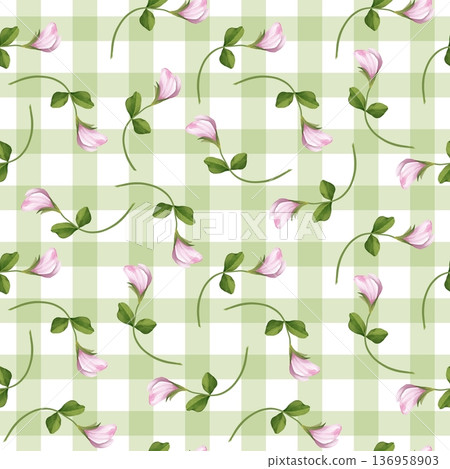 Pink floral seamless pattern on light green gingham check background 136958903