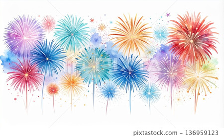 絢麗的煙火插圖（水彩，夏季主題插圖） 136959123