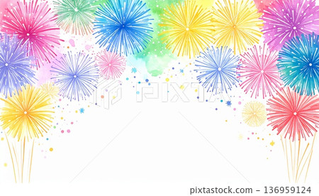 絢麗的煙火插圖（水彩，夏季主題插圖） 136959124