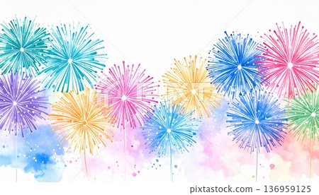 絢麗的煙火插圖（水彩，夏季主題插圖） 136959125