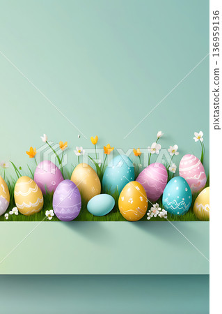 Modern minimalist background for Easter and spring compositions. Made in a calm pastel palette with plenty Modern minimalist background for Easter and spring compositions. Made in a calm pastel palette with plenty 136959136