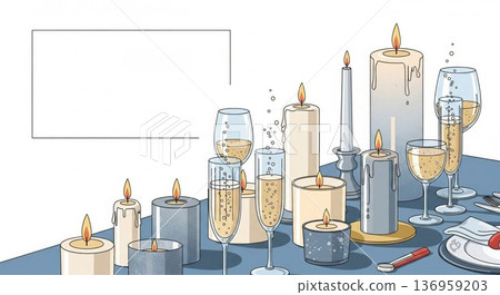 Group of Lit Candles and Champagne Flutes on a White Table Illustration 136959203