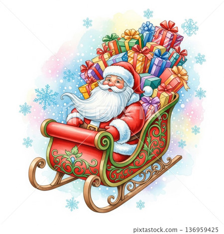 Santa Claus in Red Sleigh Delivering Colorful Gifts on Snowy Background 136959425