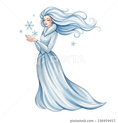 Elegant Ice Queen with Flowing Blue Hair in a Detailed White Dress Illustration 136959457