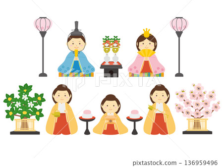 一套五款女兒節人偶插圖 136959496