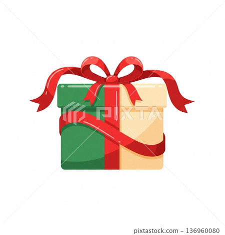 Green And Cream Gift Box Tied With Red Ribbon Vector Illustration Green And Cream Gift Box Tied With Red Ribbon Vector Illustration 136960080