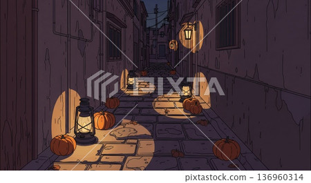 Cobblestone Street at Night with Pumpkin Decorations and Warm Lantern Lighting 136960314