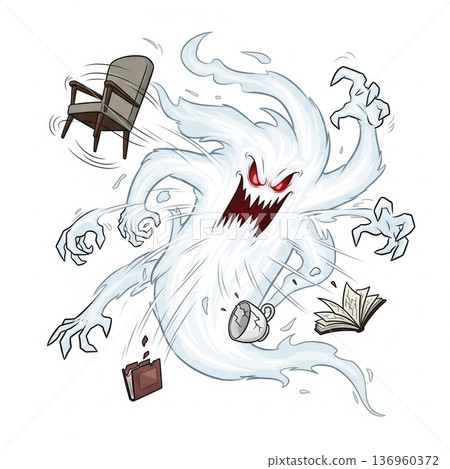 Menacing Ghostly Being with Red Eyes and Multiple Limbs Amidst Flying Objects 136960372